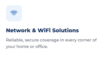Network and WiFi solutions icon with text describing reliable, secure coverage at home or in the office.