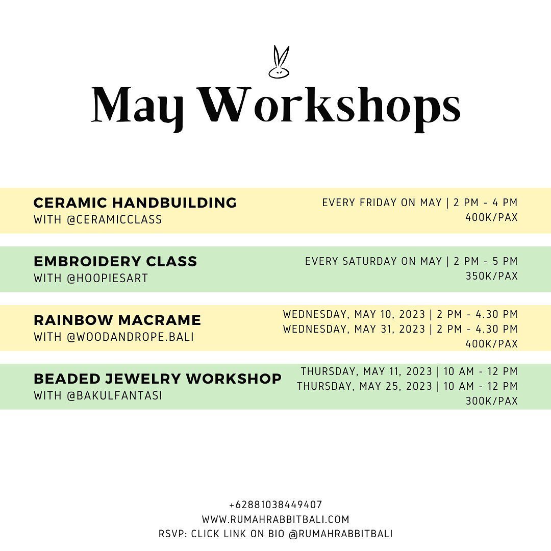 Welcoming May with some workshops at the studio 🥳
Click link on bio to book your spot or send us DMs 📩
.
.
.
#artclassbali #rumahrabbit #baliartclass #baliceramic #baliembroidery #balimacrame  #balibeads