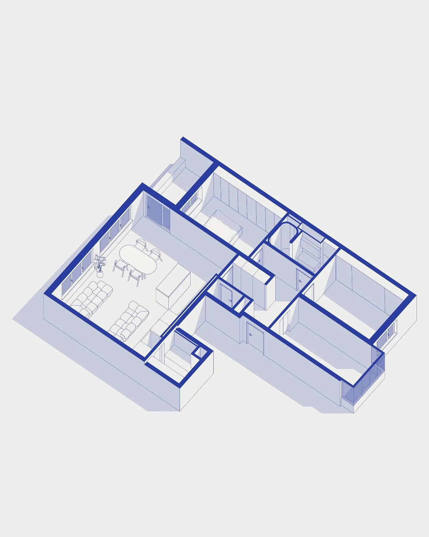 FLOORPLAN APARTMENT F – MUNICH 
 
Axonometry of our newest project in Munich.
Every floor plan plays a crucial role of a thoughtfully designed space. For us, a floor plan is more than just walls and rooms—it’s about creating se