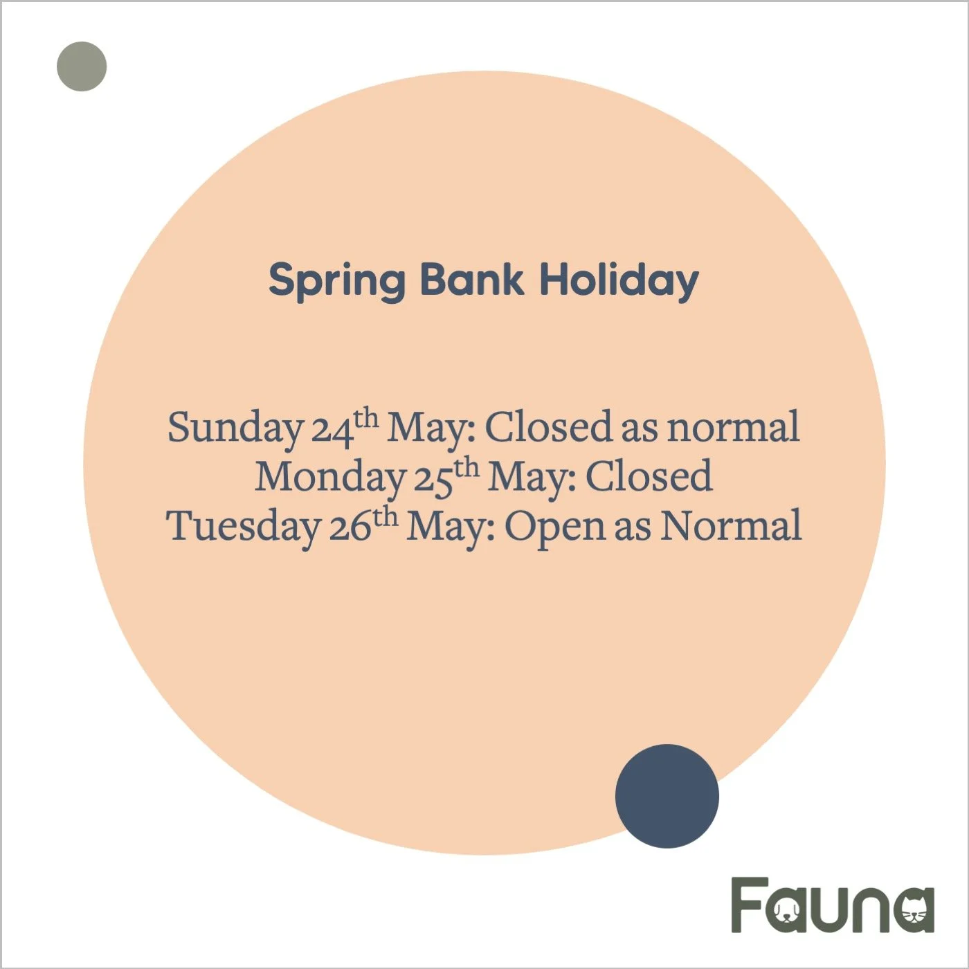 ☀️ Bank Holiday Opening Hours ☀️

Just a reminder that we will be closed on Monday 25th May for the Spring Bank Holiday.

Sunday 24th May &ndash; Closed as normal
Monday 25th May &ndash; Closed
Tuesday 26th May &ndash; Open as normal

If you need urg
