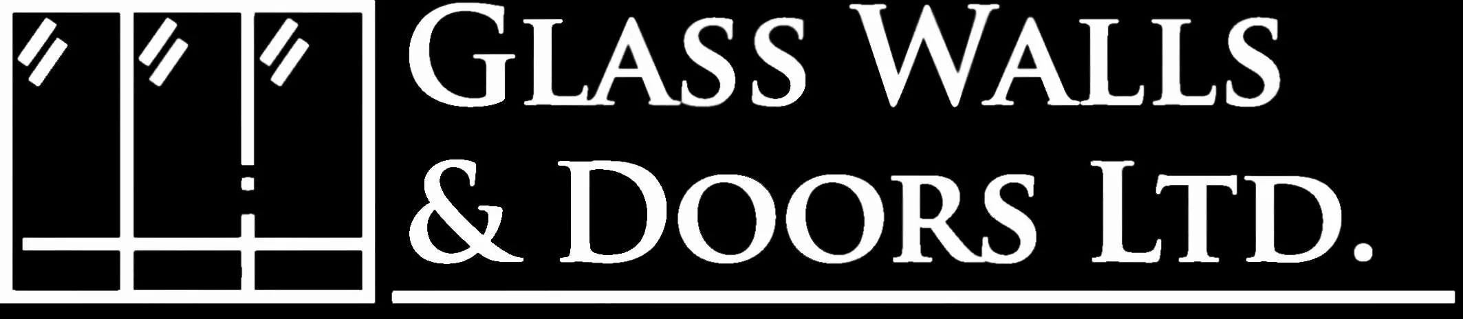 Logo for Glass Walls & Doors Ltd. with stylized glass door icons on the left and white text on a black background.