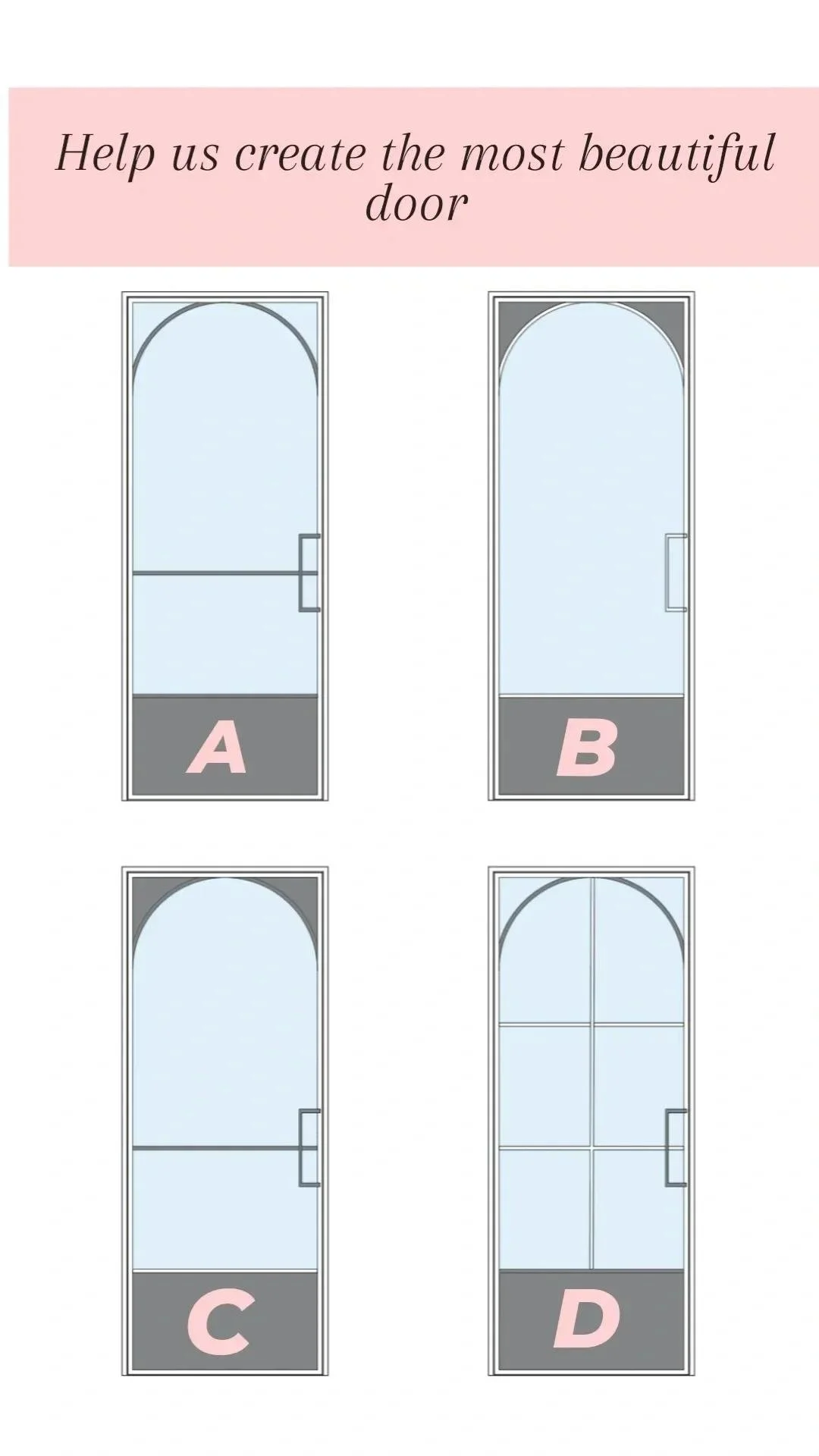 Four illustrated doors labeled A, B, C, and D with the heading "Help us create the most beautiful door."