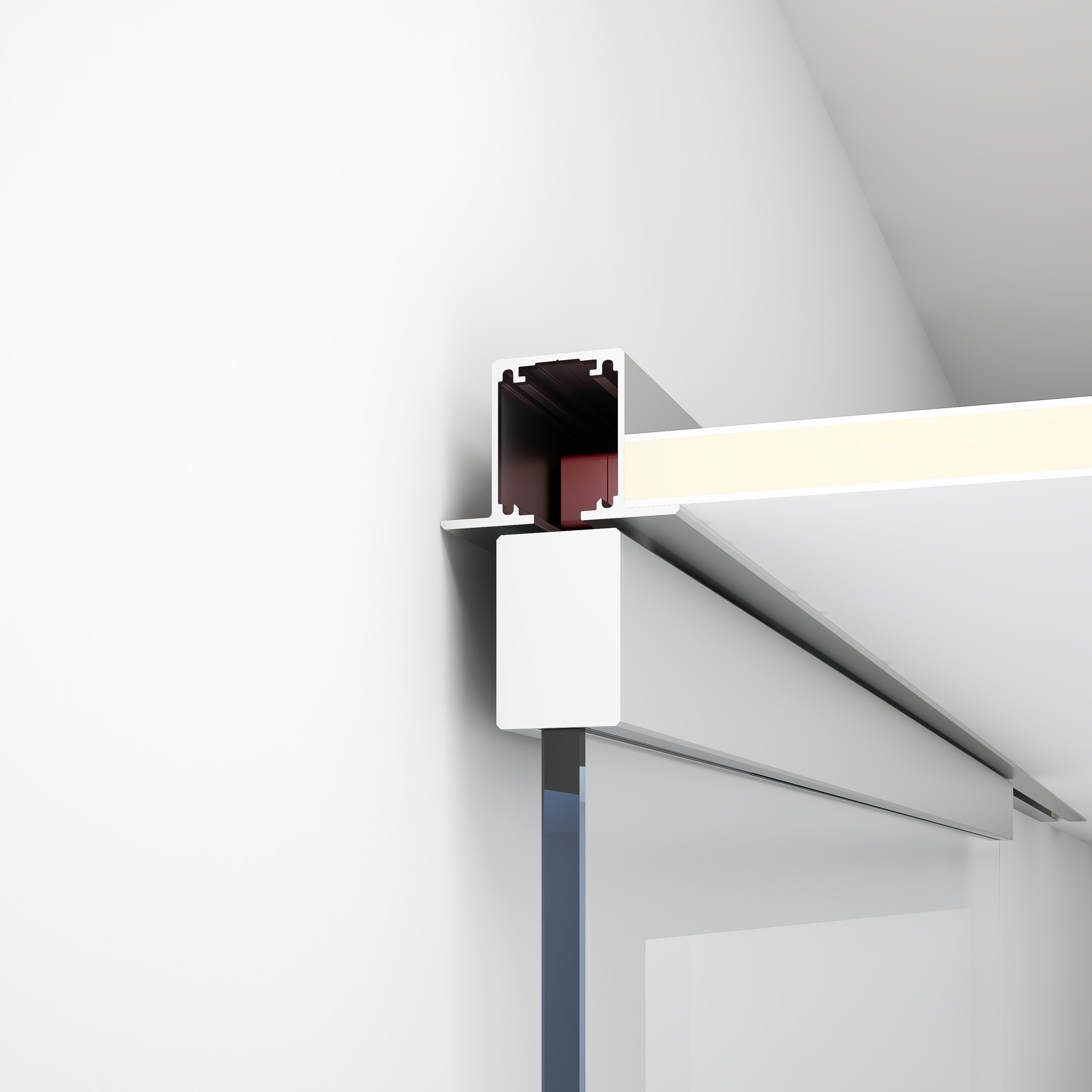 Close-up of a sliding door track system mounted on a white wall.