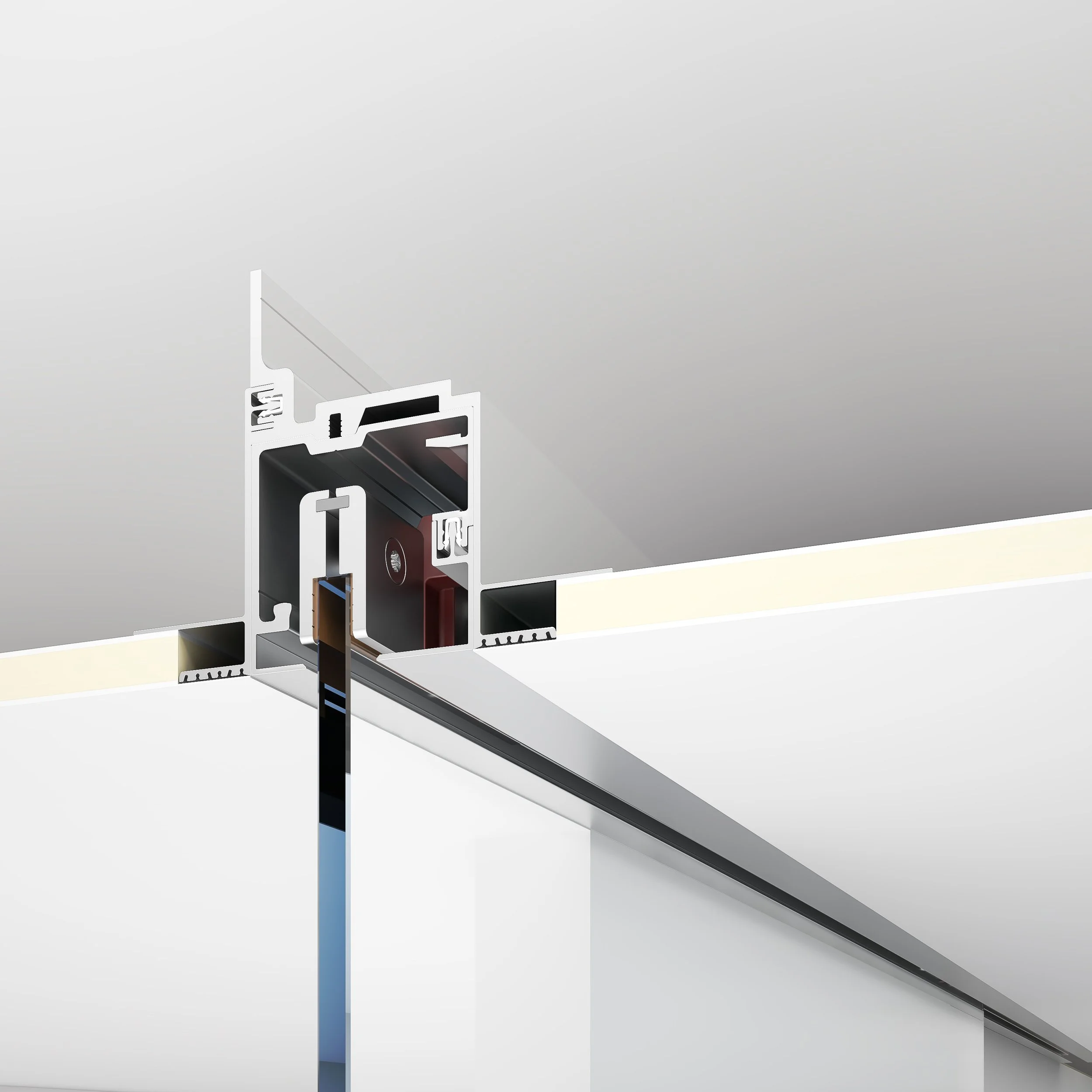 Close-up of a cross-section of modern window or door frame showing aluminum and insulation layers.