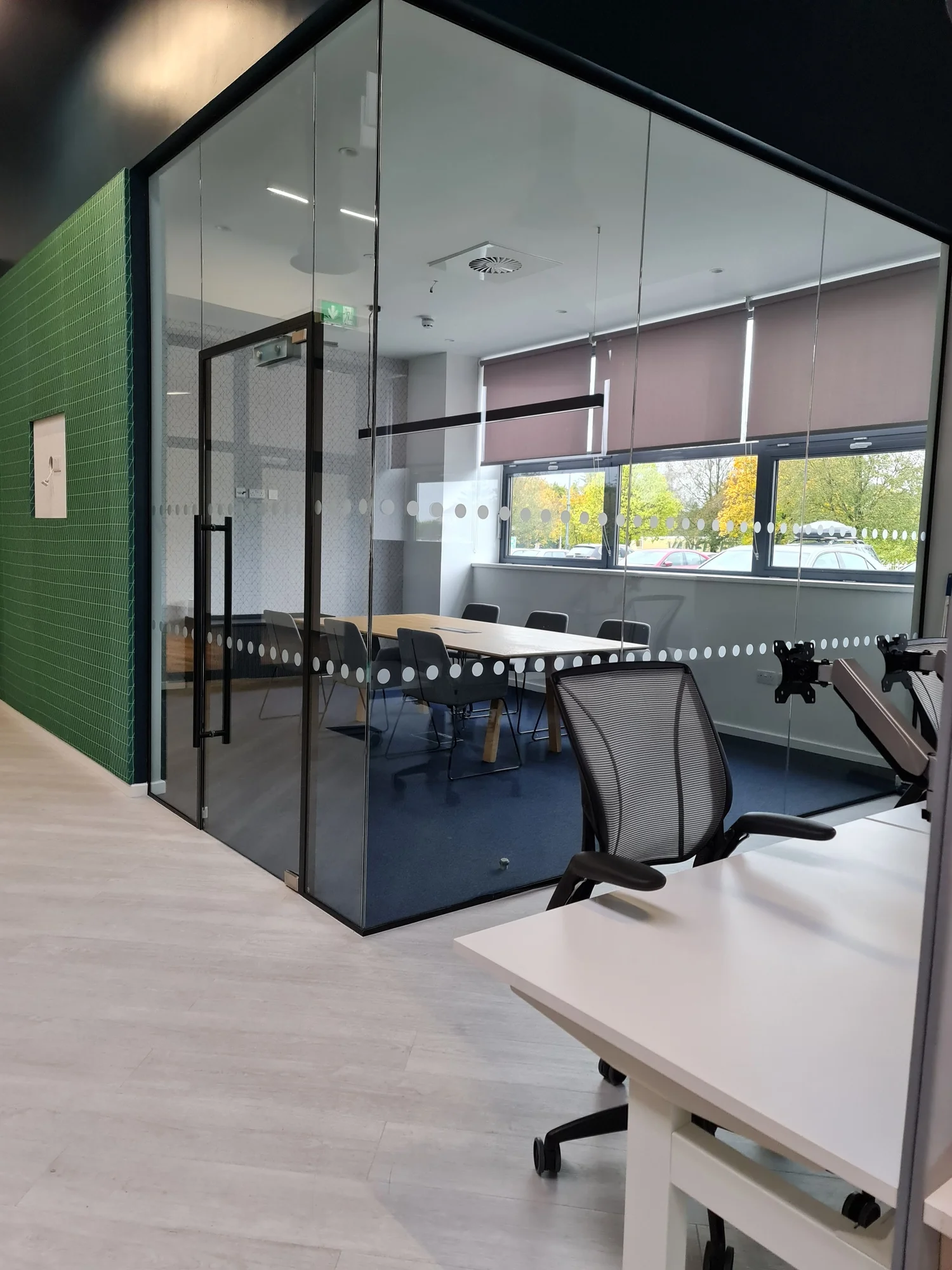 An office with a black steel framed glazed partition dividing a desk area, with a green acoustic panelled wall on the left and windows behind.
