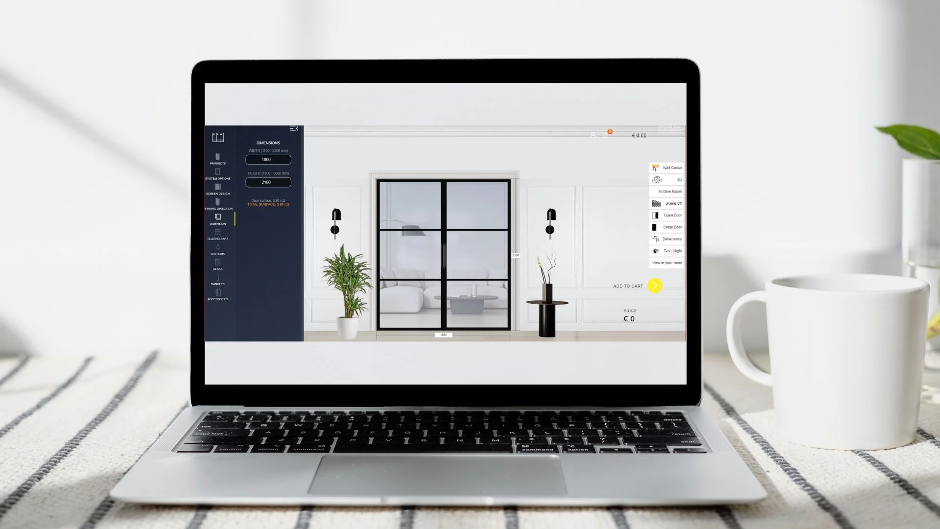 A laptop on a striped surface displays a home design software with a window customization interface; a white mug sits nearby.