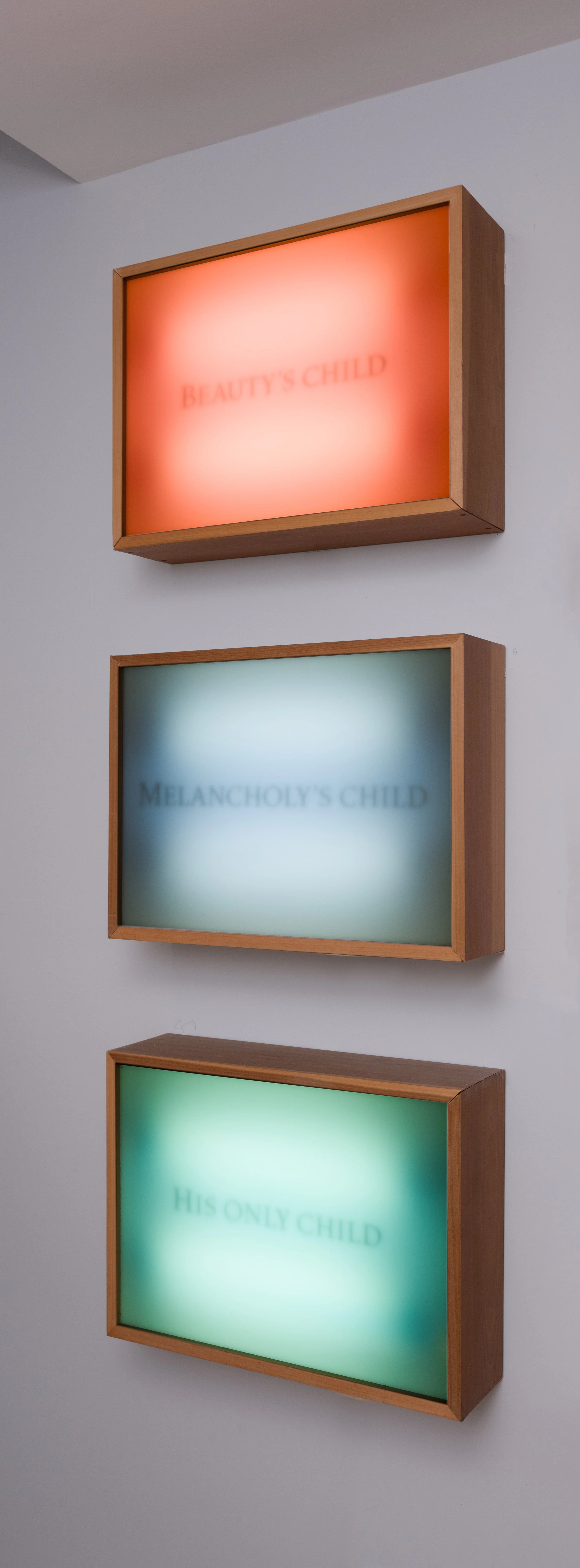 Light Boxes, 2004. Maple and Plexiglas box with colored gel and fluorescent light bulbs. Each box 24"x 36" x 6"