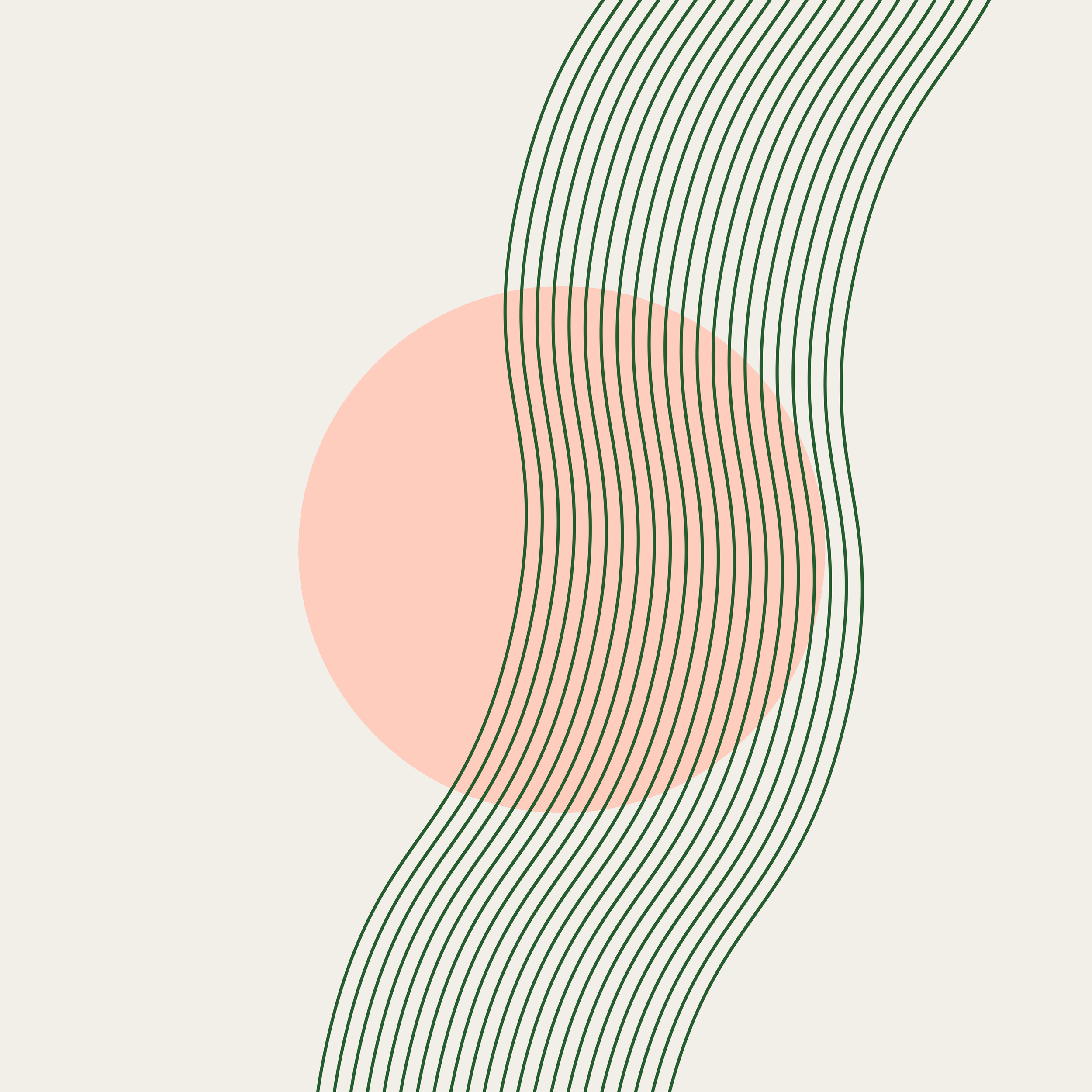 Abstract digital art with curved green lines overlapping a pink circle on a light background.