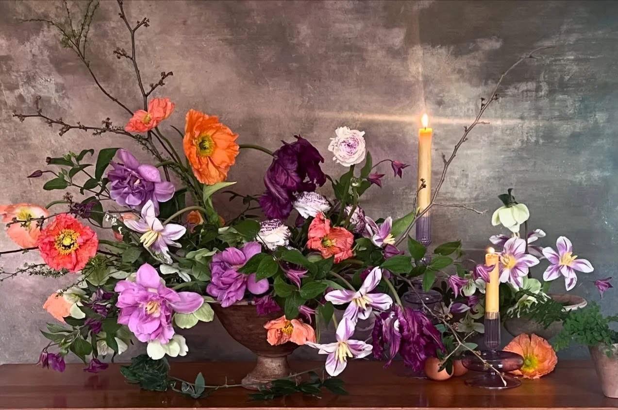 A floral study. Blooms from @understoryfarm and @greenmountainfloralsupply Backdrop @poppybeesurfaces Containers @campodefioriusa Bees wax tapers @bluecorncandles Photographer @narrow_pathvt 

#vermontweddings 
#floralartist 
#vermontweddingflorist