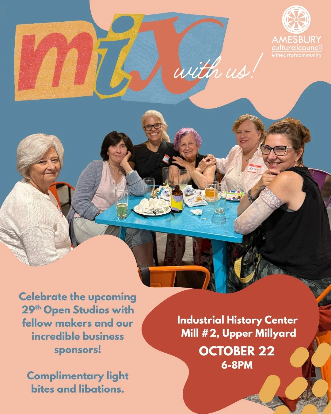 OPEN STUDIOS ARTIST MIXER NEXT WEEK!

Join the Amesbury Cultural Council, local creatives, and our incredibly generous business sponsors for a mixer at the Industrial History Center on October 22nd from 6&ndash;8pm! Enjoy complimentary light bites an