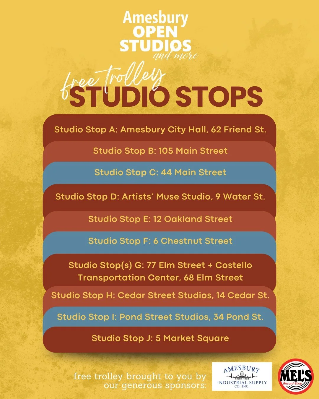 It's finally here! Amesbury Open Studios is happening all weekend &mdash; Saturday 10am-5pm &amp; Sunday 11am-4pm.

Catch the free trolley at 10  locations all over town. Each loop takes about 20 minutes, so you won't have to wait long!

Tag @amesbur
