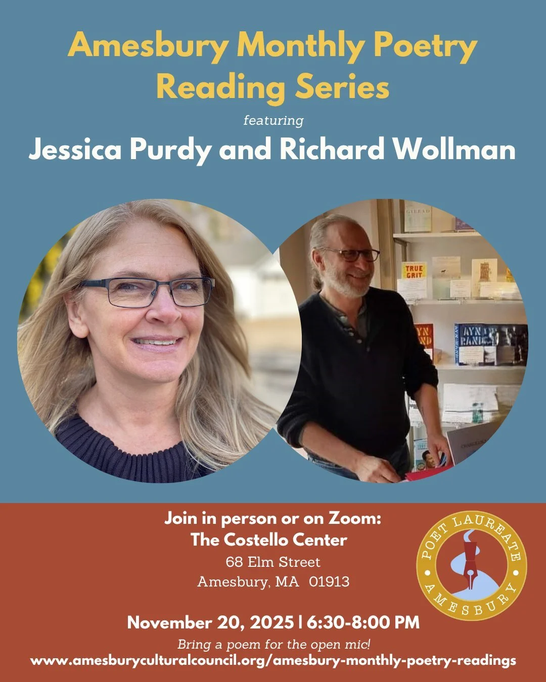 Join Amesbury Poet Laureate @lisausani in welcoming this month's featured poets to the Amesbury Monthly Poetry Reading! Enjoy the incredible work of Jessica Purdy and Richard Wollman either in person or online.

When: Thursday, November 2o, 2025 | 6: