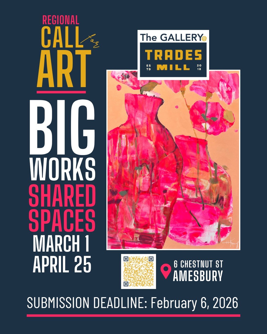 Regional Call for Art 📣

BIG WORKS, SHARED SPACES
March 1 - April 25, 2026

The Gallery @ Trades Mill is looking for 2D artists who love to think big&mdash; anything that fills a room, shifts the vibe, or invites people to experience space together.