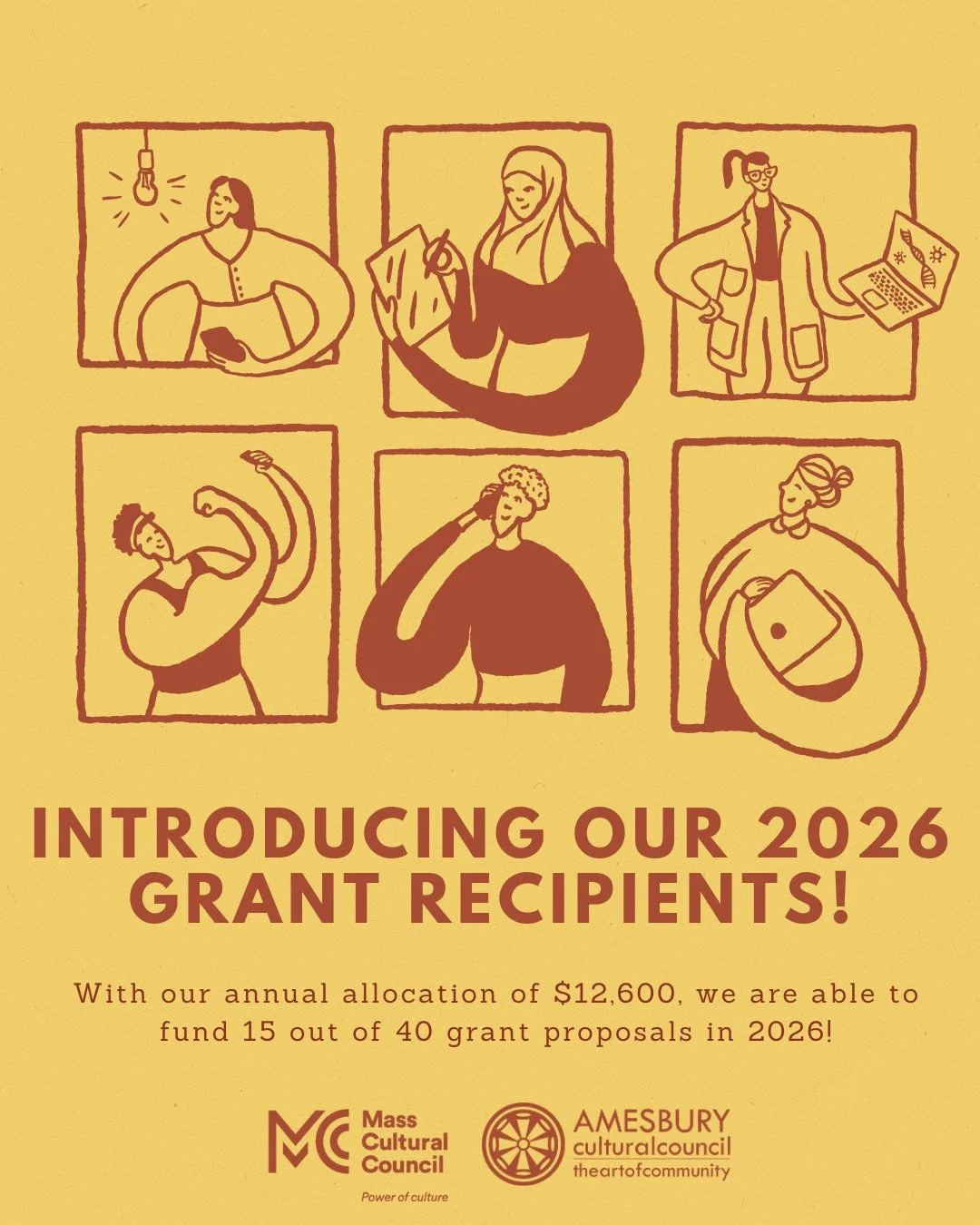 🥁 Announcing our 2026 cultural grant recipients! With our annual allocation of $12,600, we were able to fund 15 out of 40 grant proposals this year. 

You'll see some perennial favorites (Community of Makers Series and Amesbury Summer Music Series) 