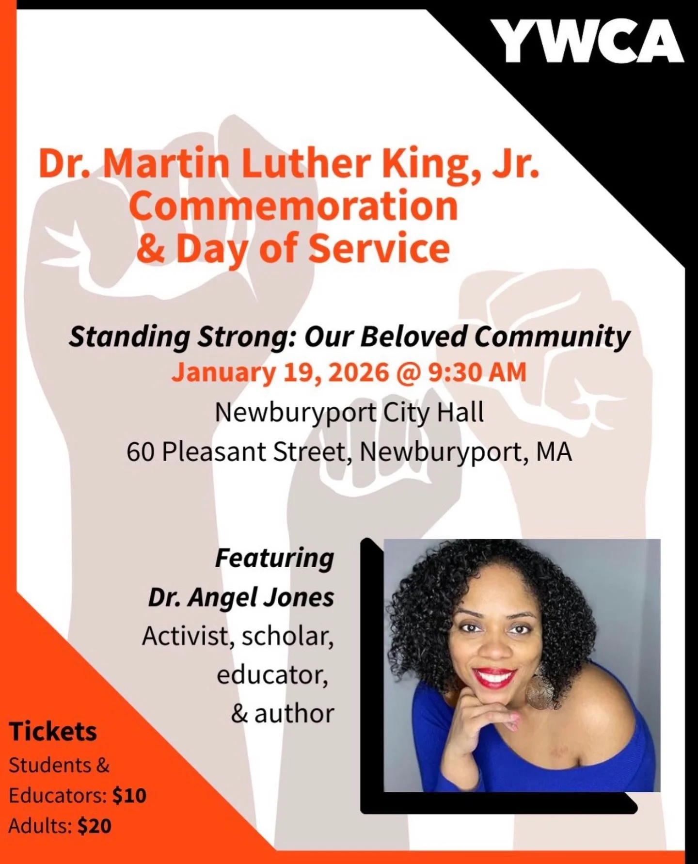 TOMORROW! ✊🏾 The YWCA&rsquo;s Dr. Martin Luther King Jr. Commemoration &amp; Day of Service, sponsored in part by the Amesbury Cultural Council. 

When: January 19th at 9:30 AM
Where: Newburyport City Hall, 60 Pleasant St. 

Keynote Speaker, Dr. Ang
