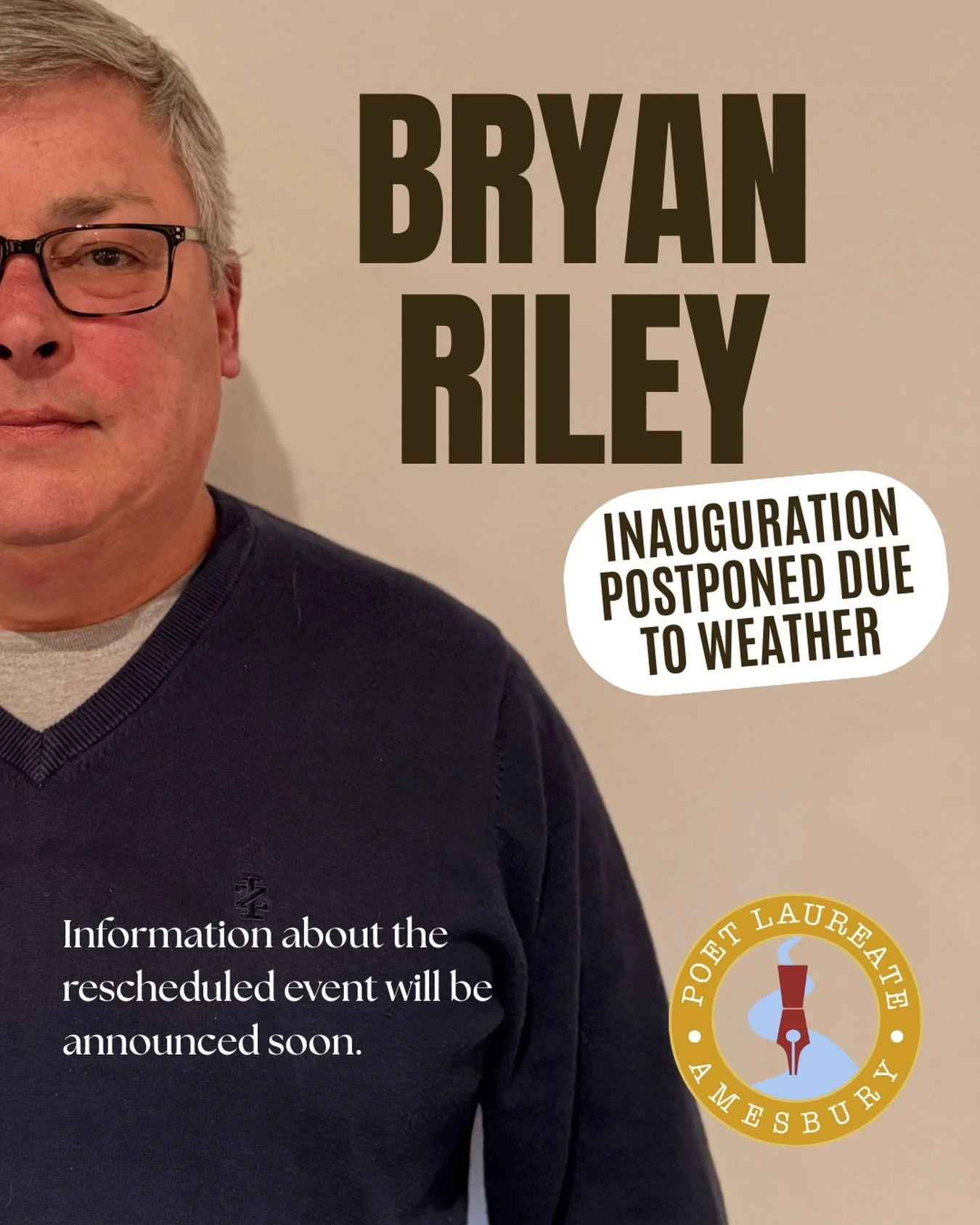 Please note that the Poet Laureate Inauguration for Bryan Riley has been postponed due to inclement weather. We will reschedule and update as soon as possible!

Stay warm, and enjoy the snow! ❄️
