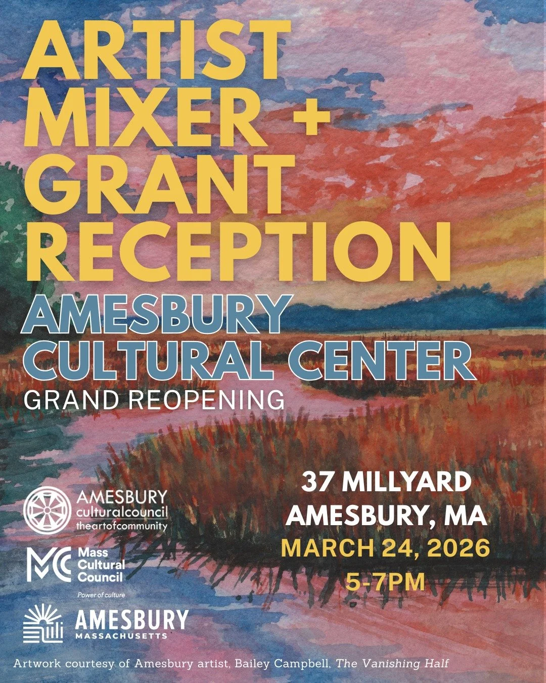 We're thinking SPRING over here at the ACC - save the date for our Spring Artist Mixer + Grant Reception!

Join the Amesbury Cultural Council and local creatives for a casual mixer in our newly renovated Cultural Center on March 24th from 5&ndash;7pm