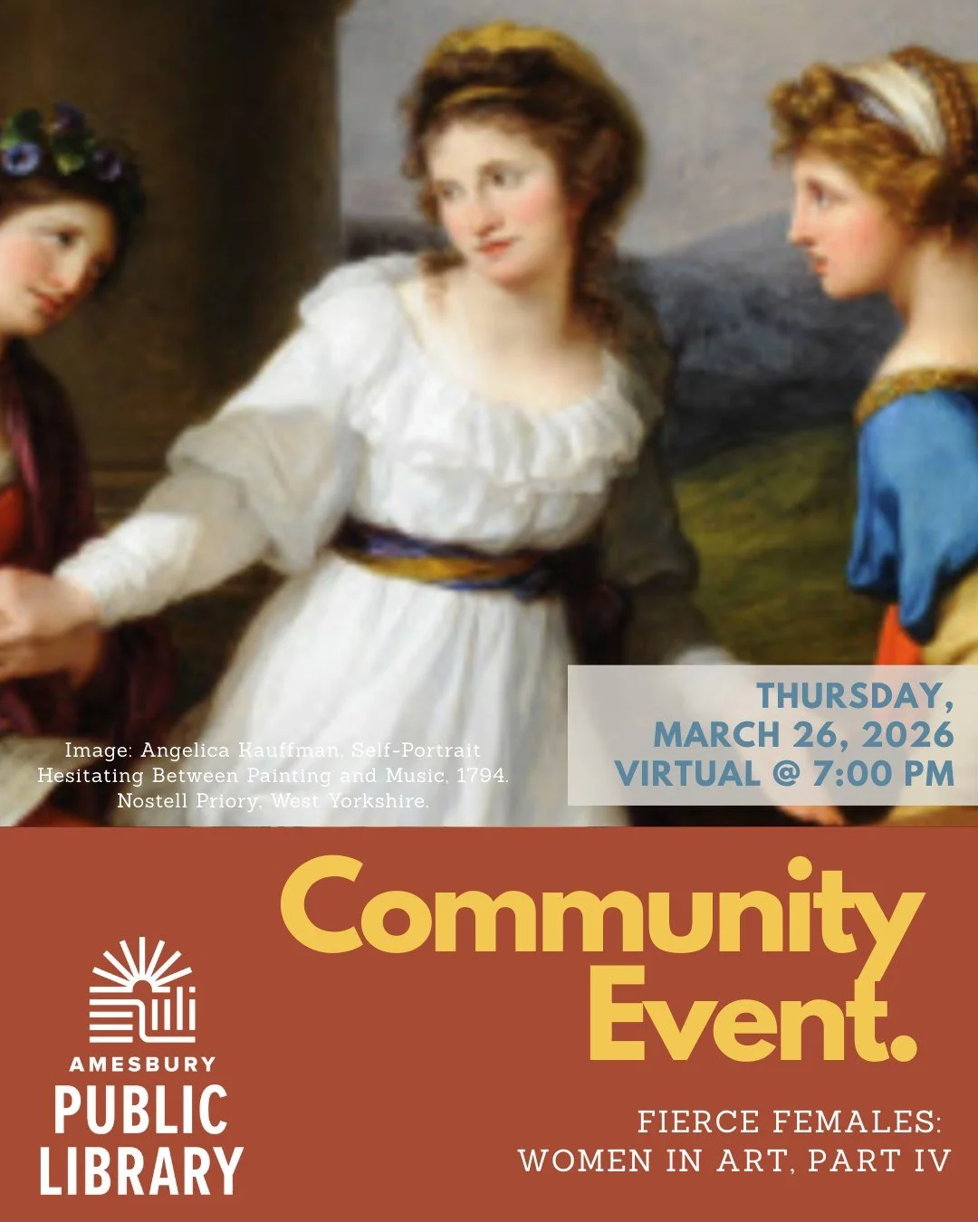 Finish up Women's History Month with a BANG! 

The People's Painter: Fierce Females: Women in Art, Part IV

When: Thursday, March 26th from 7:00-8:15 PM on Zoom
Registration is required; register via Zoom on the @amesburylibrary website.

Join the AP