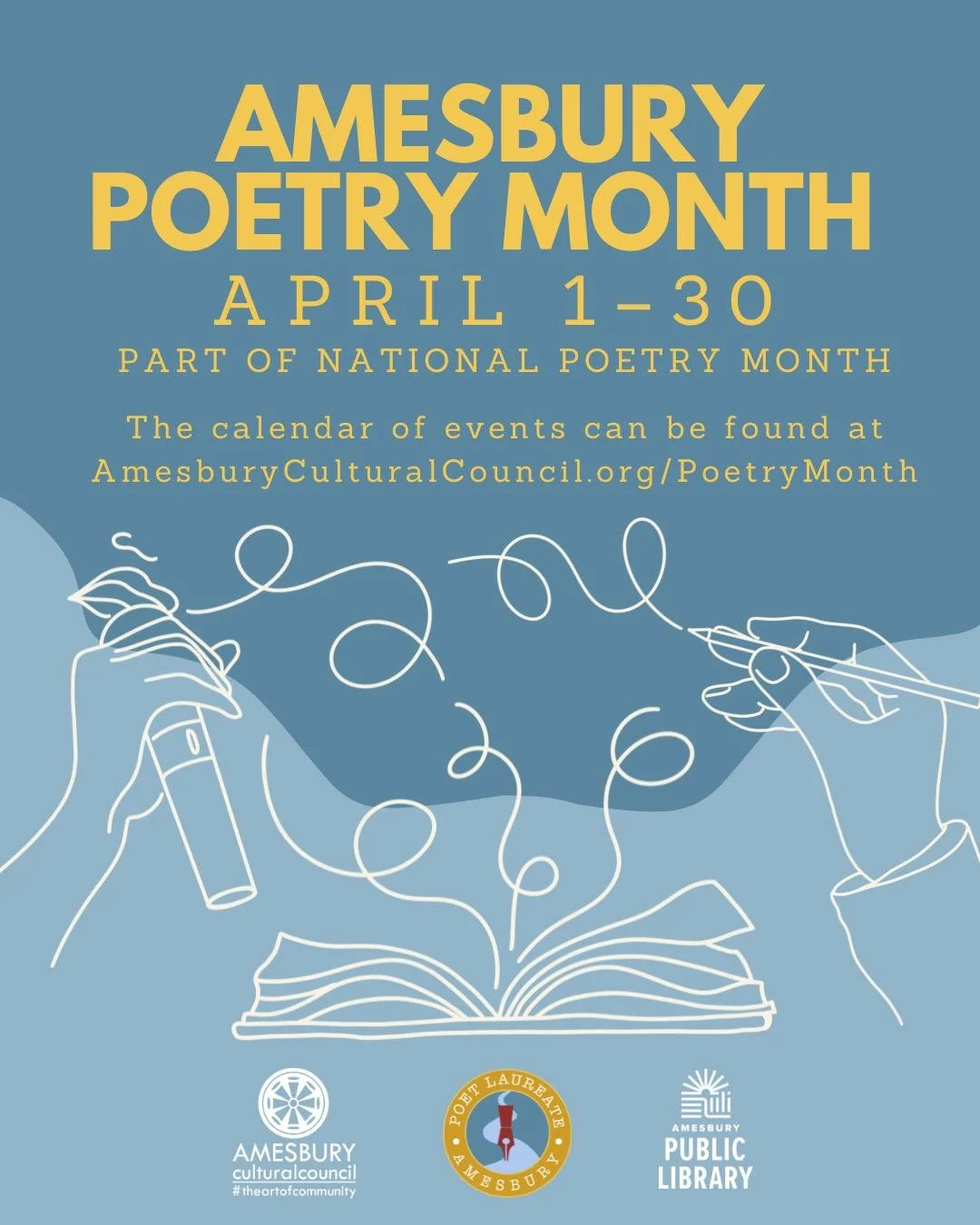 It's almost here! Amesbury Poetry Month begins April 1st with celebrations happening all over town.

Brought to you by:
Amesbury Poet Laureate, @briley9000
Poet Laureate Support Committee
The Whittier Home
@amesburylibrary
Amesbury Cultural Council
A