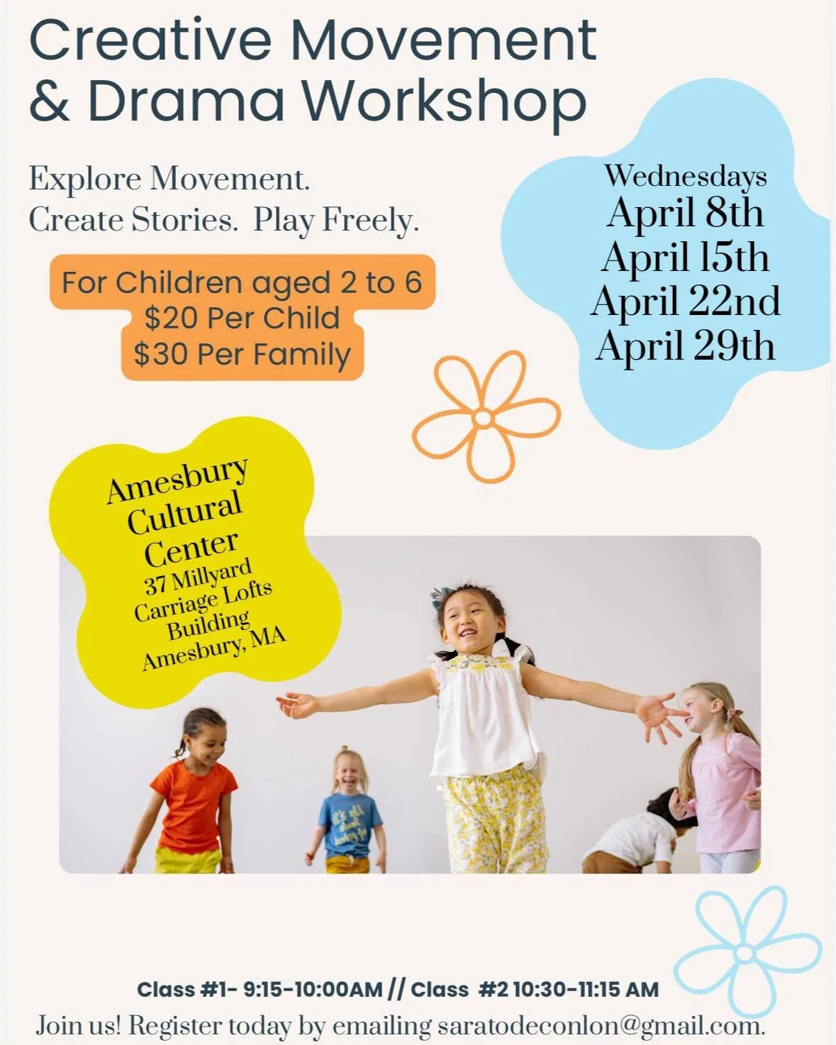 Are you looking for something to do with your littles on Wednesday mornings? Look no further!

Sara Conlon is hosting Creative Movement + Drama Workshops on Wednesdays in April, and is offering two class times: 9:15-10 AM and 10:30-11:15 AM.

These c