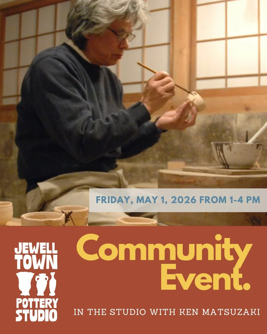 In the Studio with Ken Matsuzaki

When: May 1, 2026 from 1-4 PM
Where: Jewell Town Pottery, 77 Elm St. Amesbury, Suite 301
Tickets: $50.00 or FREE for students/members of Jewell Town Pottery.

Jewell Town Pottery is excited to welcome acclaimed Japan