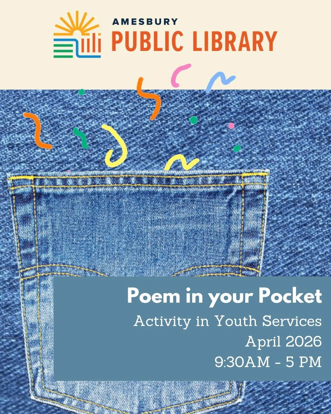 Don't miss Poem in Your Pocket at the @amesburylibrary  this month! 

Youth Services has created a beautiful poetry station, which will change each week to create different types of poems! Take it with you or put it in the Library pockets, in celebra