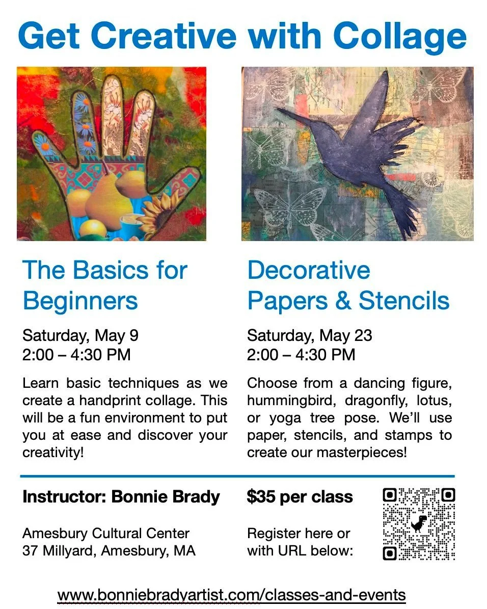 Get creative with collage and join our very own Amesbury-artist, @bonnielbrady  for collage workshops at the Cultural Center!

The Basics for Beginners | Saturday, May 9 from 2-4:30pm
Decorative Papers &amp; Stencils | Saturday, May 23 from 2-4:30pm
