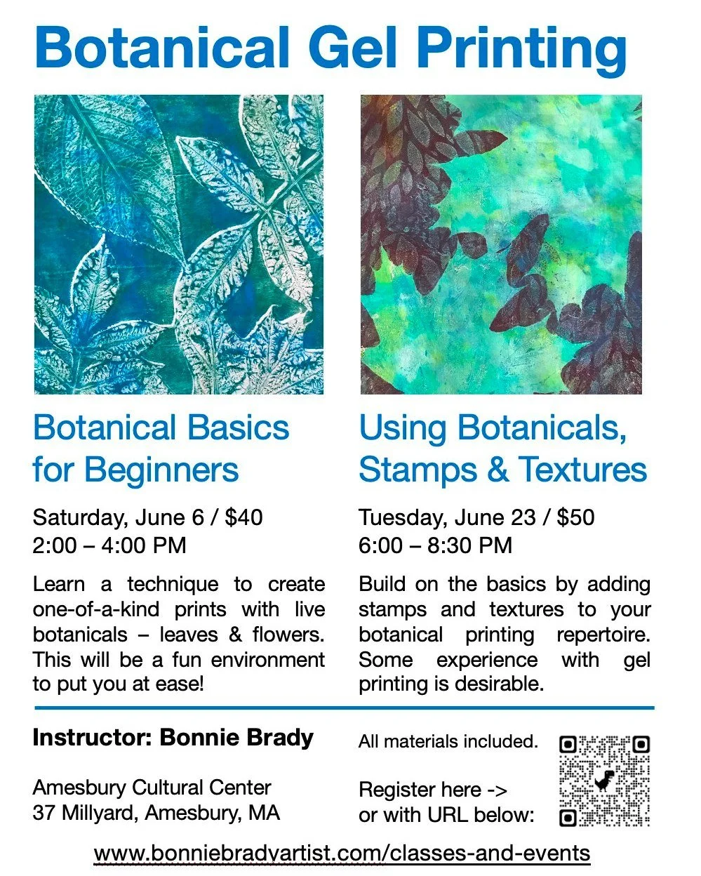 Get creative with botanicals! 🍃

Join Amesbury-artist, Bonnie Brady, for collage workshops at the Cultural Center! 
37 Millyard, Amesbury, MA

The Basics for Beginners | Saturday, June 6 from 2-4:00pm
Stamps &amp; Textures | Saturday, June 23 from 6