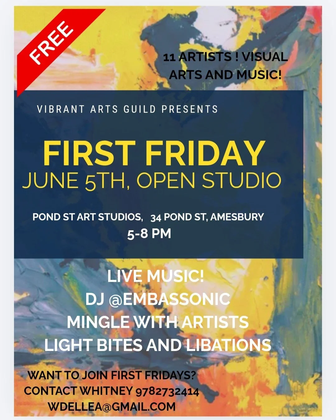 Pond St. Art Studios is at it again!

The first Friday of each month @pondstreetstudio will be opening their doors to the public for a fun hang - come mingle with the artists and check out what's been going on!

Stunning art, live music, light bites,