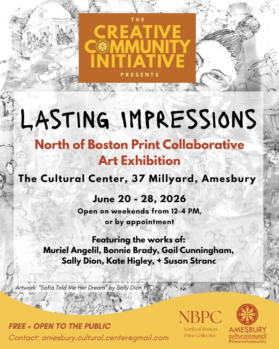We&rsquo;re thrilled to welcome the North of Boston Print Collaborative, who will be showcasing Lasting Impressions in the Amesbury Cultural Center! Participate in workshops, enjoy demonstrations, and view the stunning works of Muriel Angelil, Bonnie