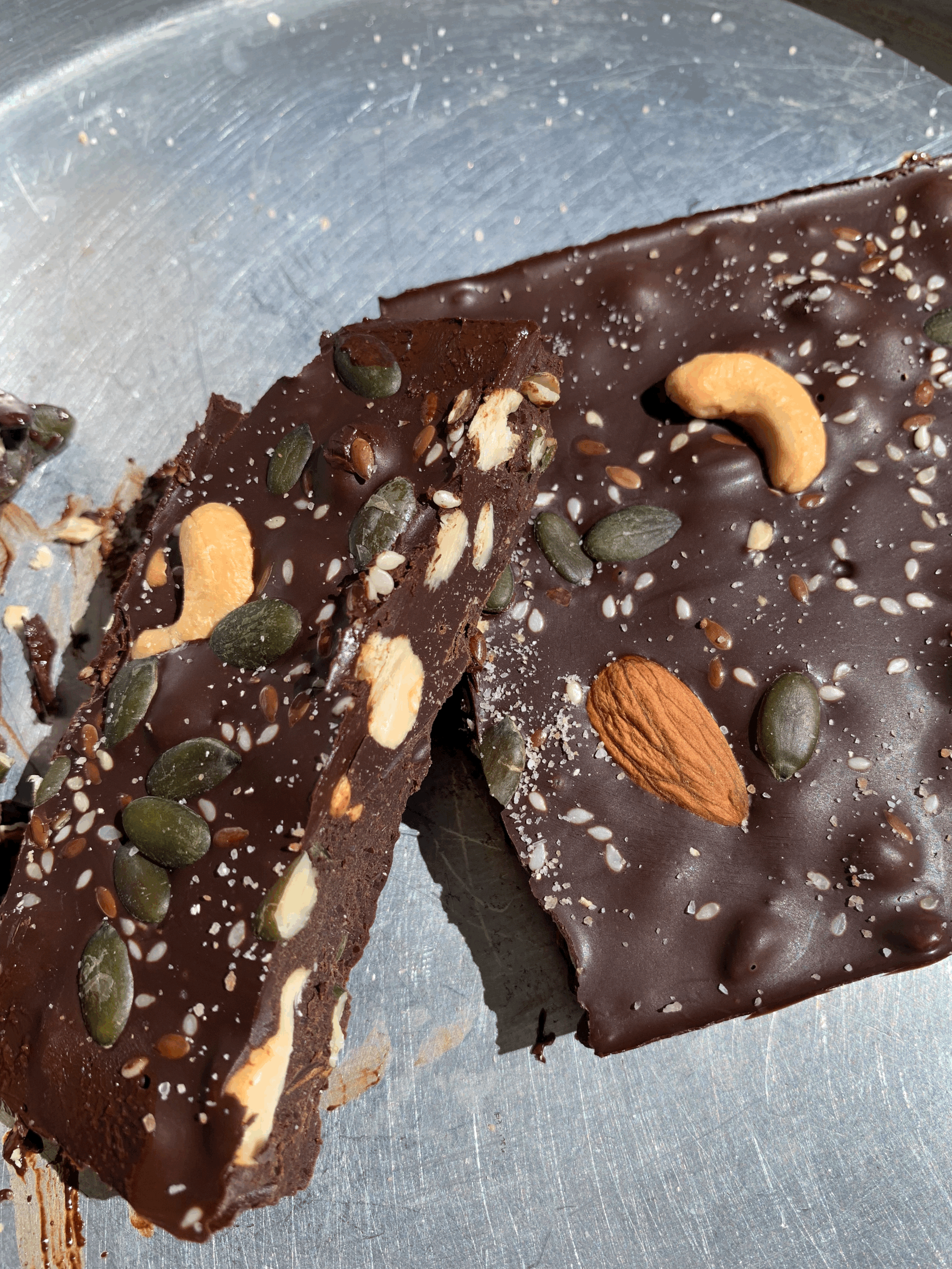 iron loaded fruit, seed and nut crunchy chocolate slab