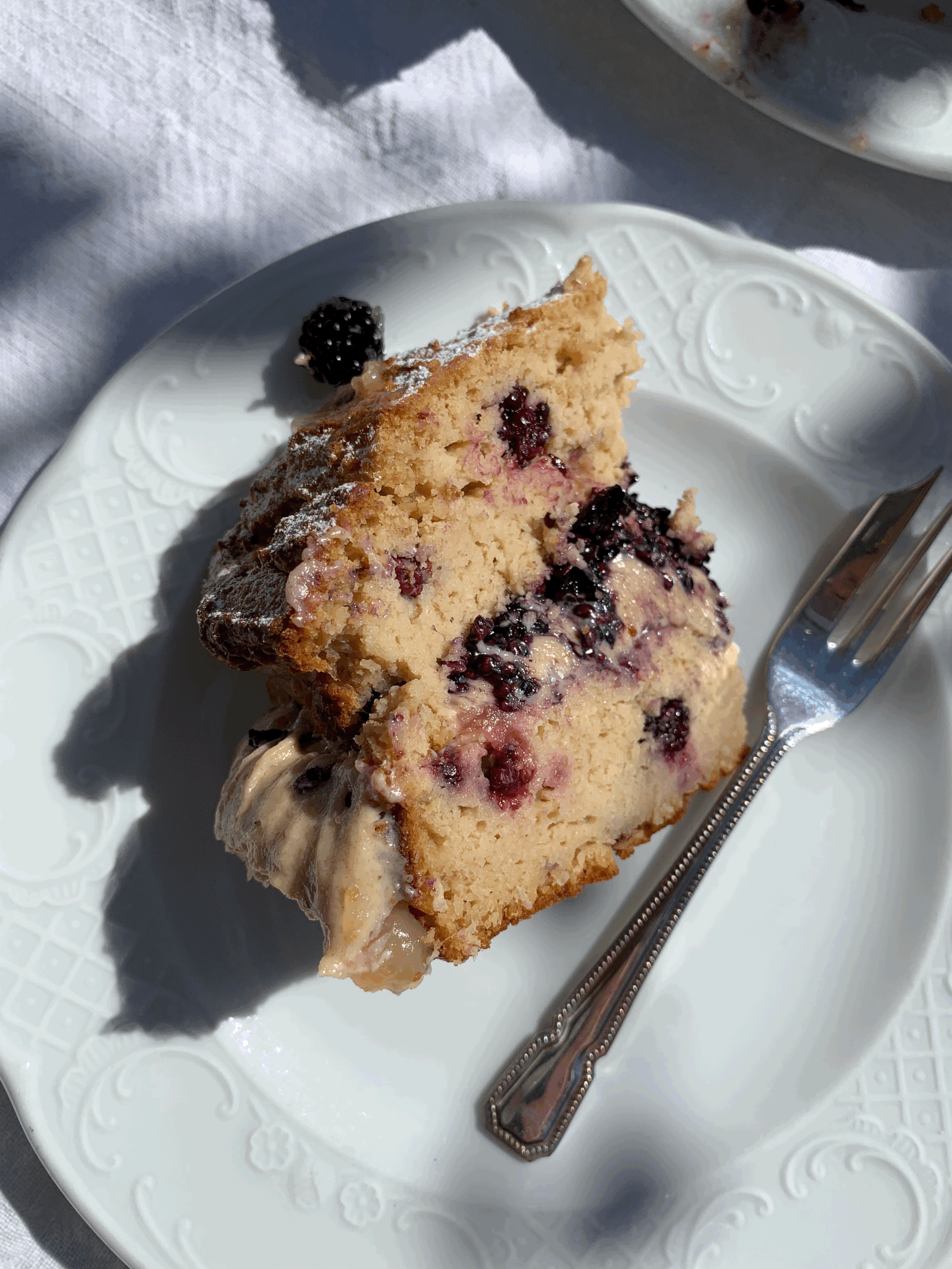 Better for blood sugar, Polyphenol packed apple and blackberry summer cake with vanilla cream cheese frosting and blackberry chia jam