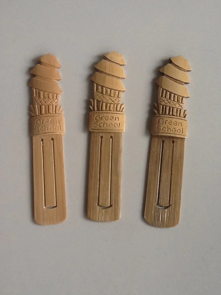 greenschool merchadise -carved bamboo  bookmark featuring heart of school building
