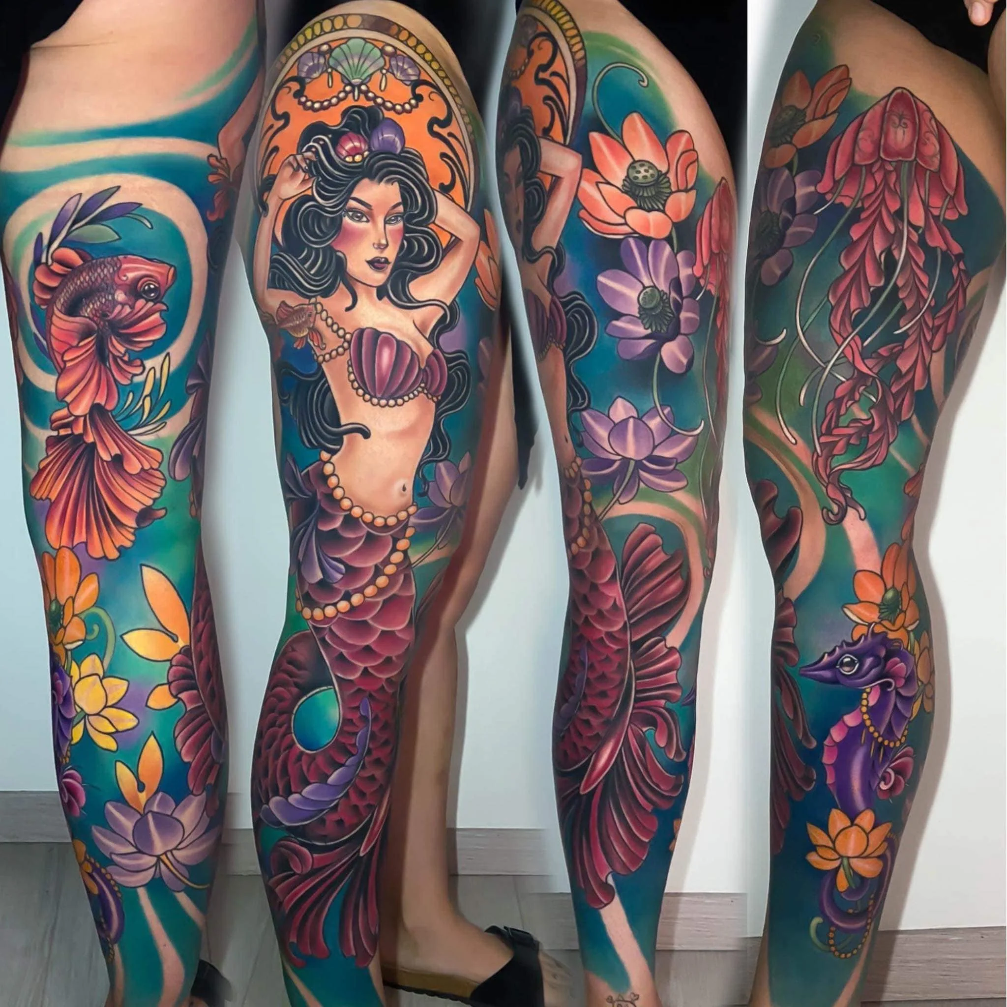 Colorful tattoos on multiple legs featuring mermaid, flowers, and ocean motifs.