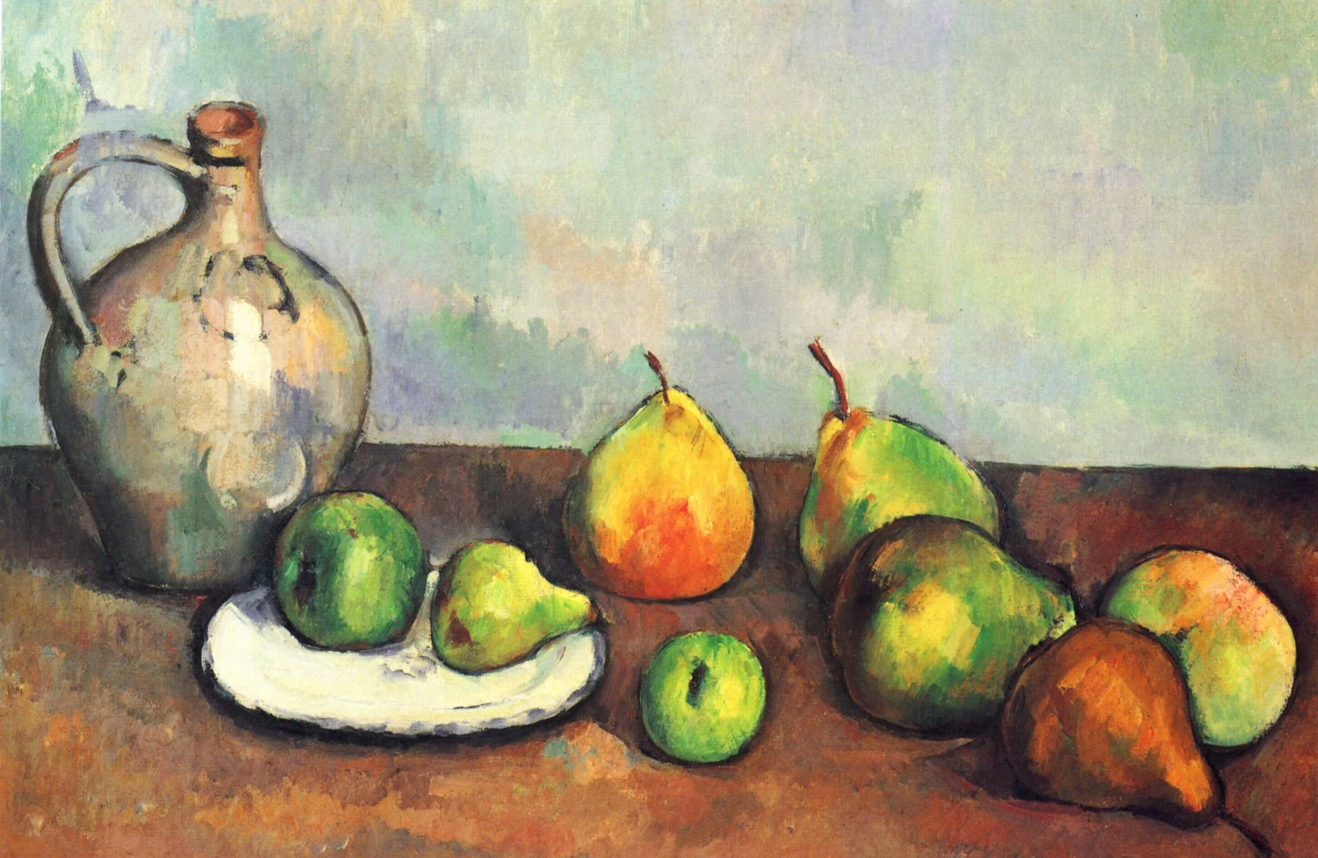 Still life painting of a ceramic jug and various fruits on a wooden table, including apples, pears, and a pear, depicted with vibrant, expressive brushstrokes.