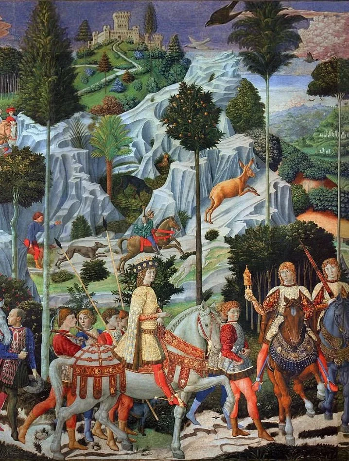 A medieval-style painting depicting a scene of knights on horseback, soldiers, and various animals in a lush, mountainous landscape with a castle in the background.