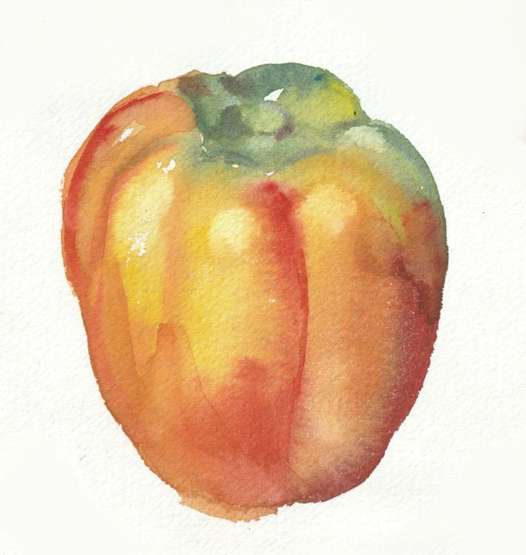 Watercolor painting of a bell pepper with yellow, orange, and green hues.