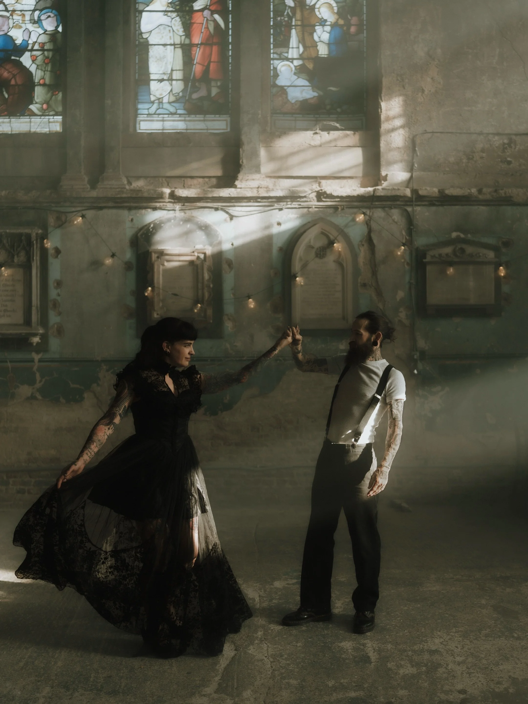 R&amp;K - proving no matter what, love will find you. I&rsquo;ve documented Rebecca for years now, to see her untwined in a love like left me tearing up behind my camera. 
Is the ever beautiful Asylum Chapel, Peckham. 

🏷️ gothic moody couples photo