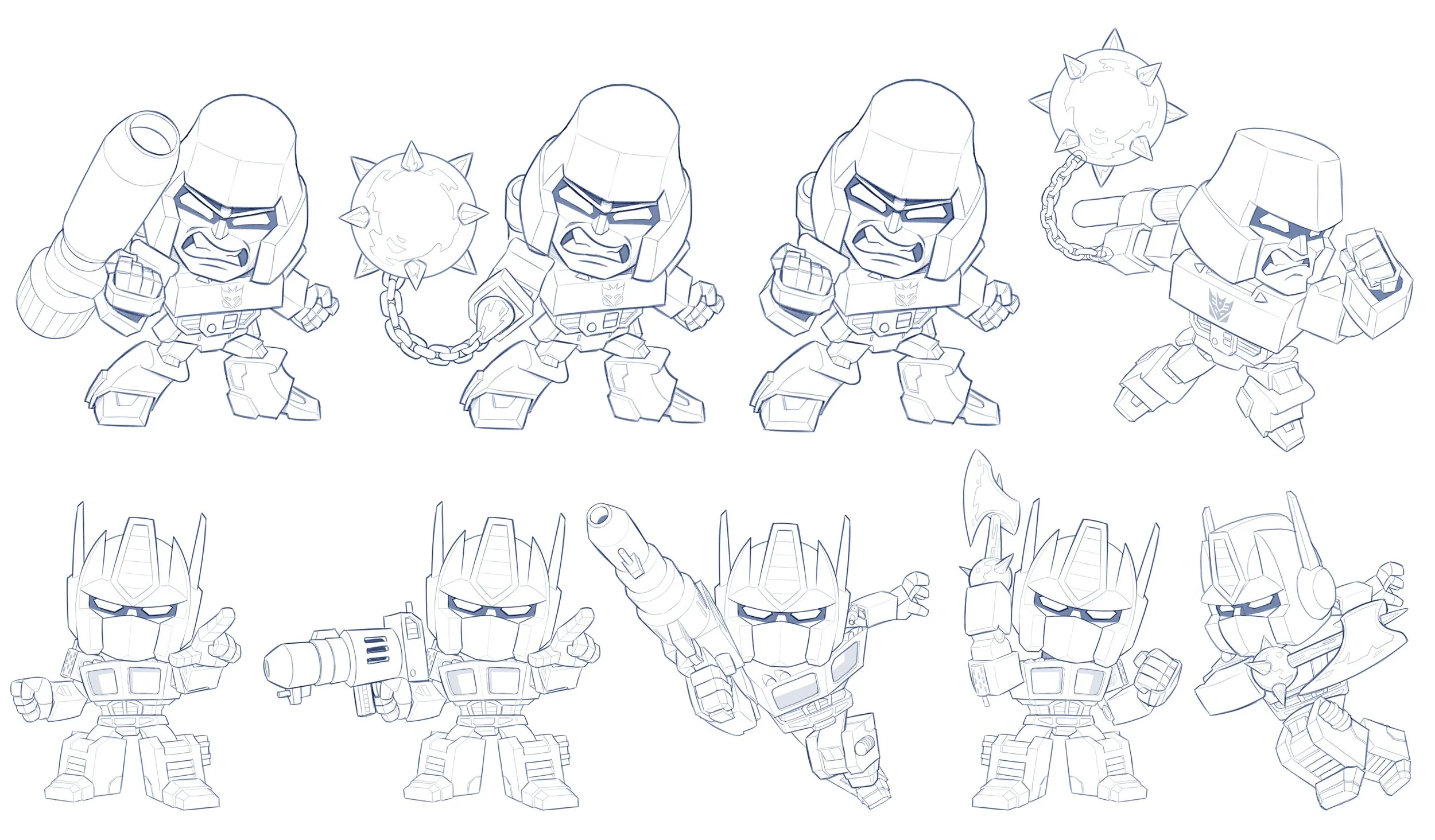 Transformers pencil character sketches of Optimus Prime and Megatron in a Chibi art style.