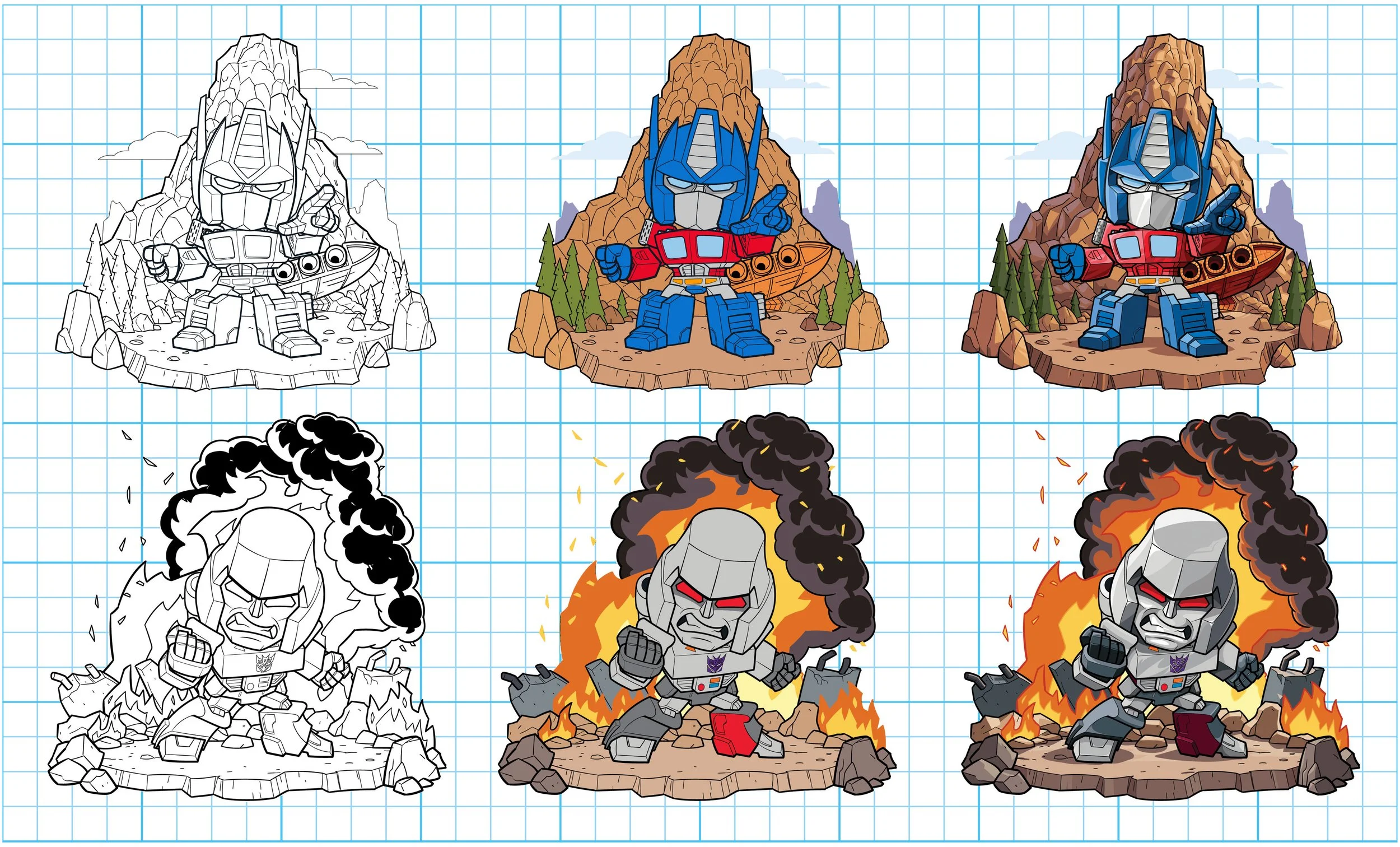 Transformers vector character art of Optimus Prime and Megatron in a Chibi art style.