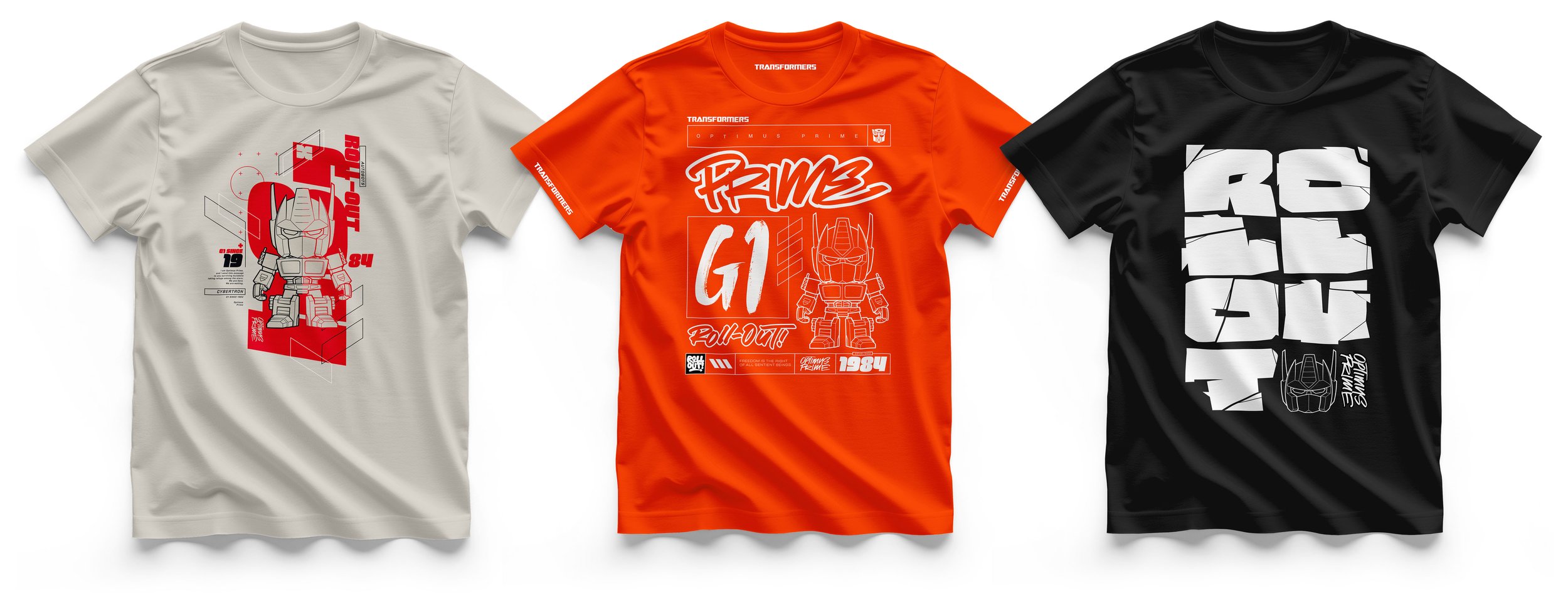 T-shirts featuring Transformers vector graphic badges of Optimus Prime in a Chibi art style.