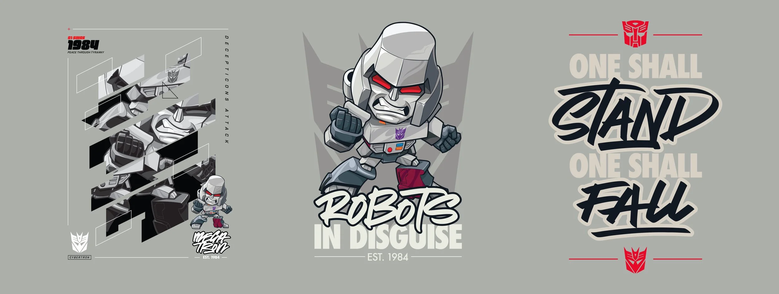 Transformers vector graphic badges of Megatron in a Chibi art style.