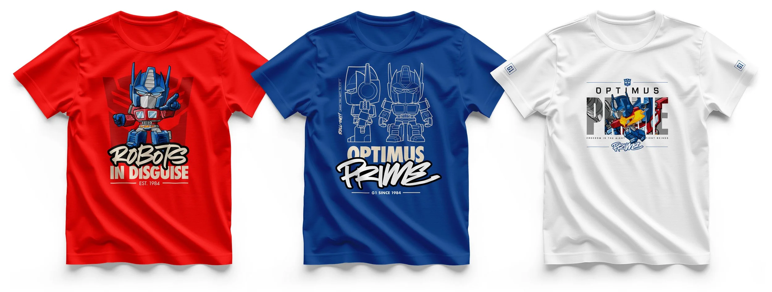 T-shirts featuring Transformers vector graphic badges of Optimus Prime in a Chibi art style.