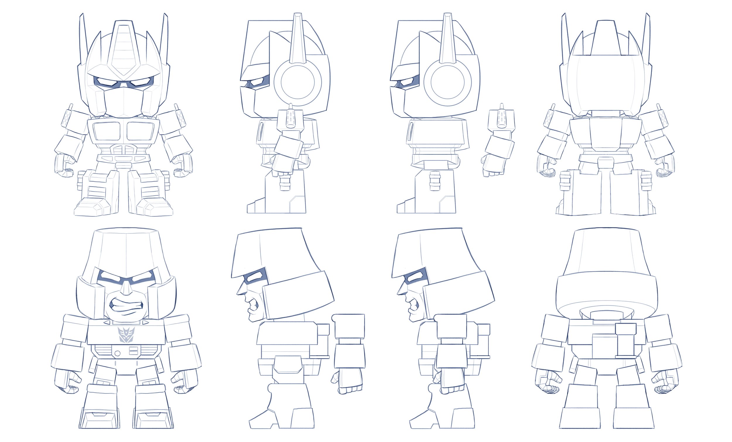 Transformers pencil character sketch turnarounds of Optimus Prime and Megatron in a Chibi art style.