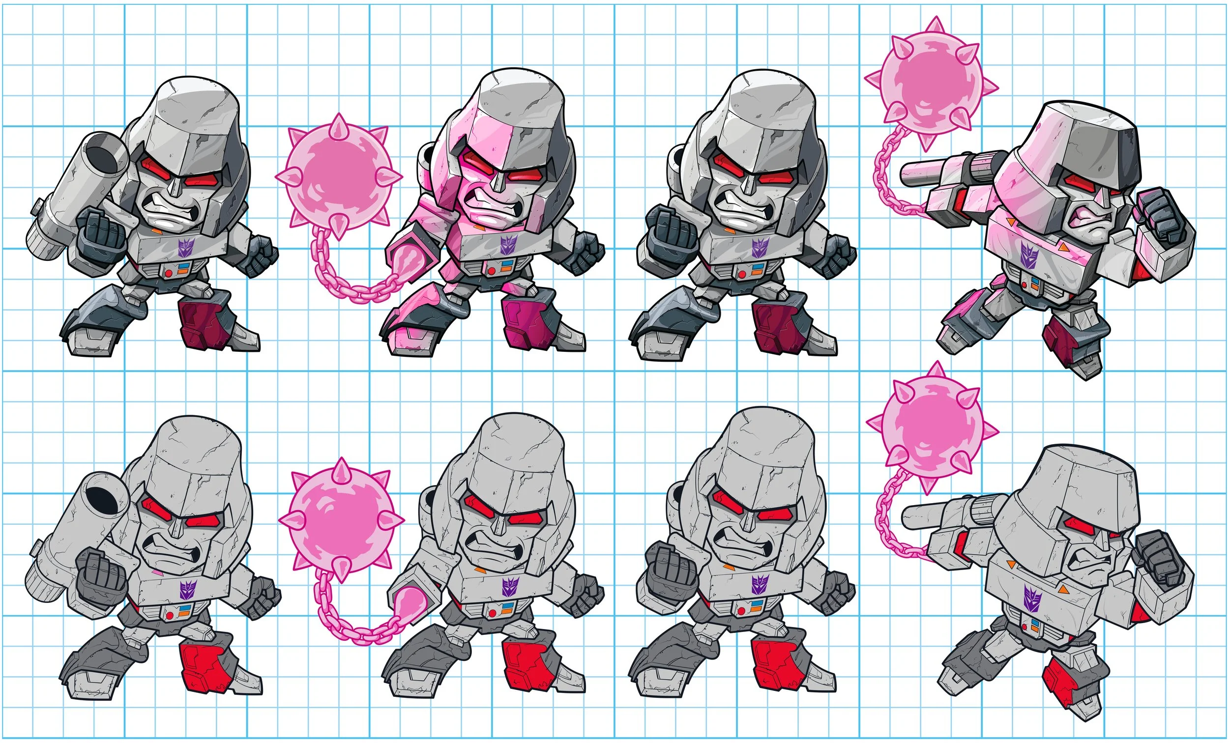 Transformers vector character art of Megatron in a Chibi art style with battle damage.