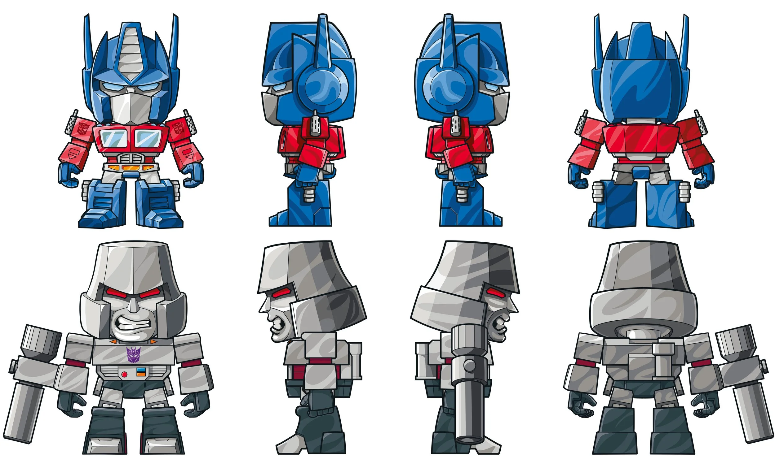 Transformers vector character art turnarounds of Optimus Prime and Megatron in a Chibi art style.