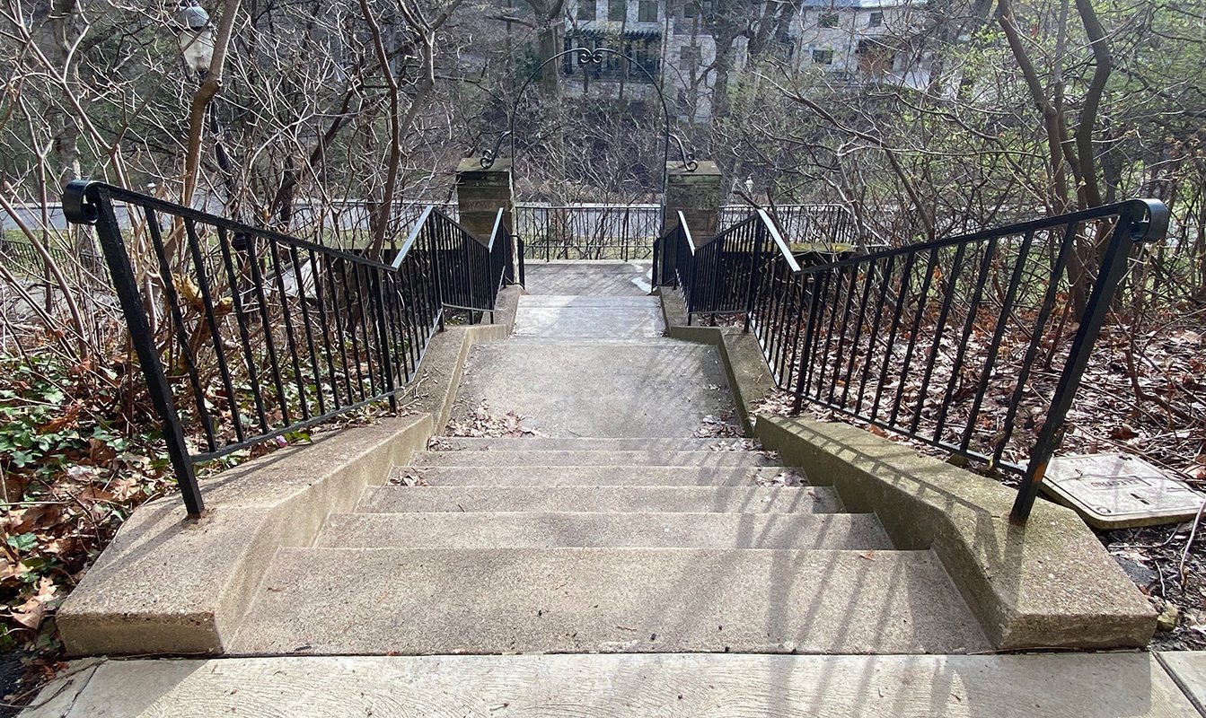 Stairs beside Campbell Memorial Chapel from Woodland Road