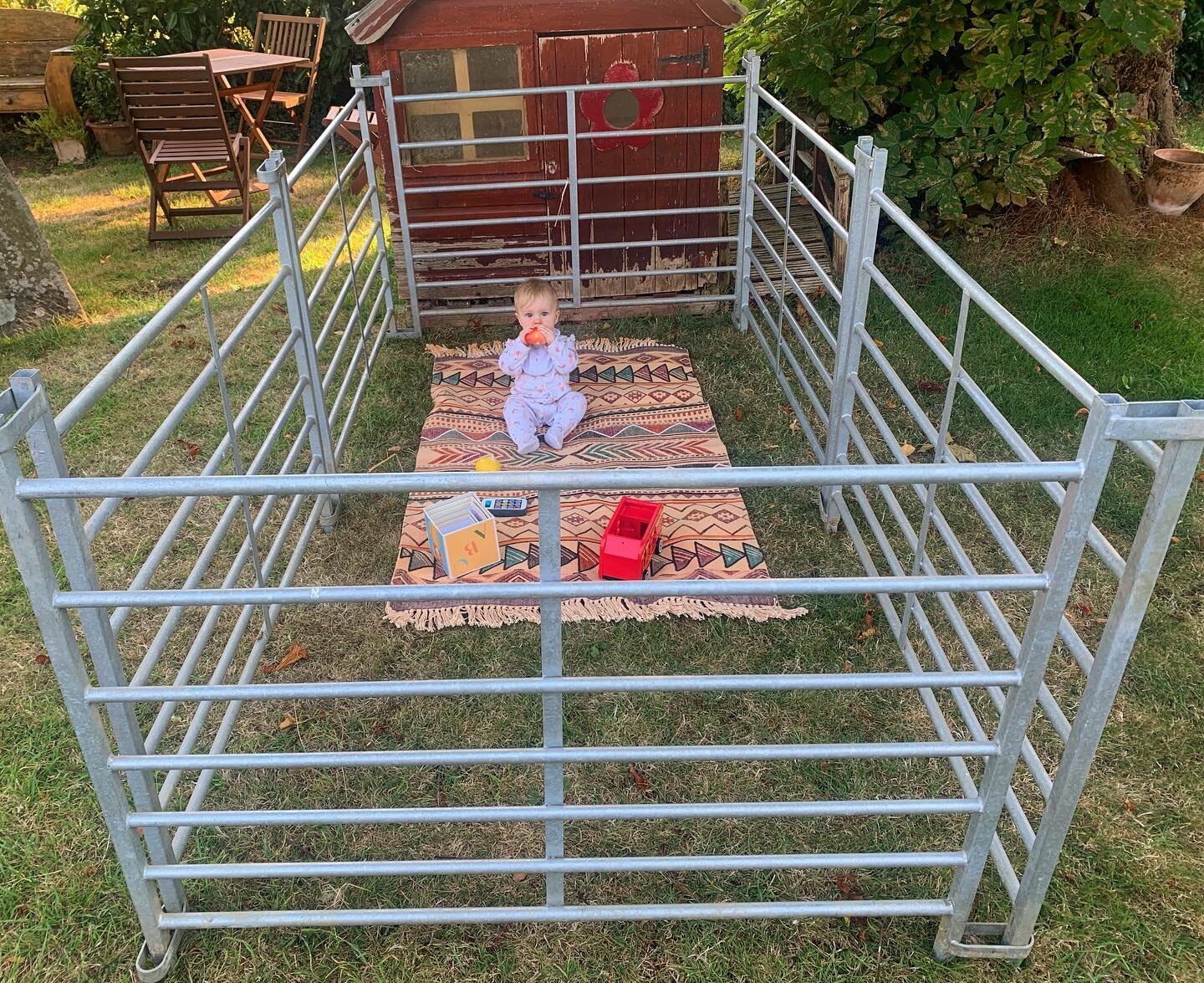 Some jobs on the farm are dangerous enough that &lsquo;the piglet&rsquo; can&rsquo;t join in. We have a solution&hellip;.sheep hurdles 🐑 content to watch any drama unfold from the safety of her somewhat rustic playpen 👶🏻 #alwayswatching #farmhand 