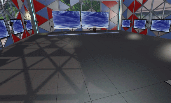 A modern room with multiple large and small screens displaying a blue sky with clouds. The walls feature a geometric red, white, and blue pattern, and the floor is gray tile. The setup suggests a digital or virtual environment.