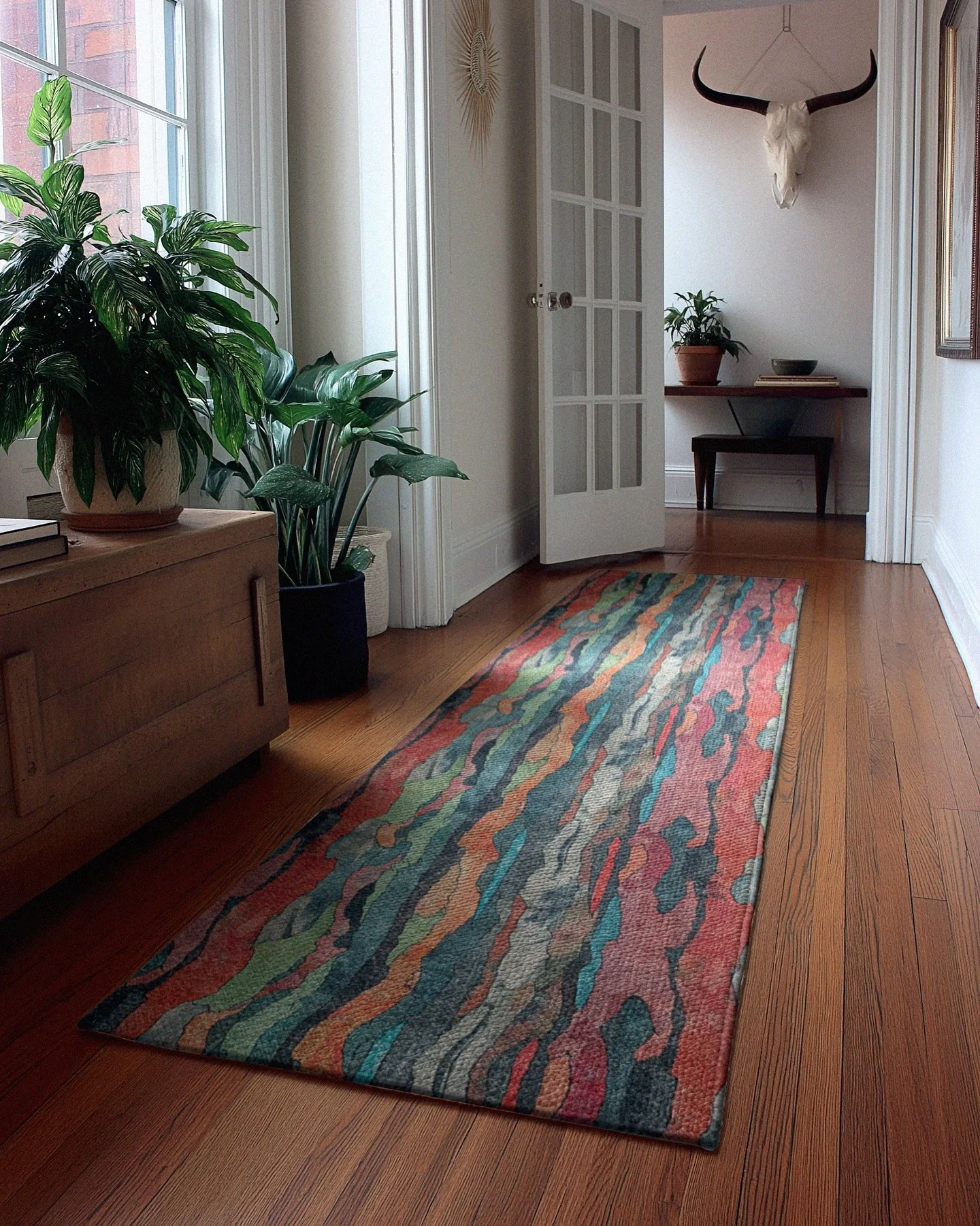 Inspired by the naturally peeling bark of its namesake tree, the Rainbow Eucalyptus rug layers warm and cool tones into a grounded, organic pattern. It&rsquo;s a bold move for quiet spaces that brings in a lot of color, yet remains understated.